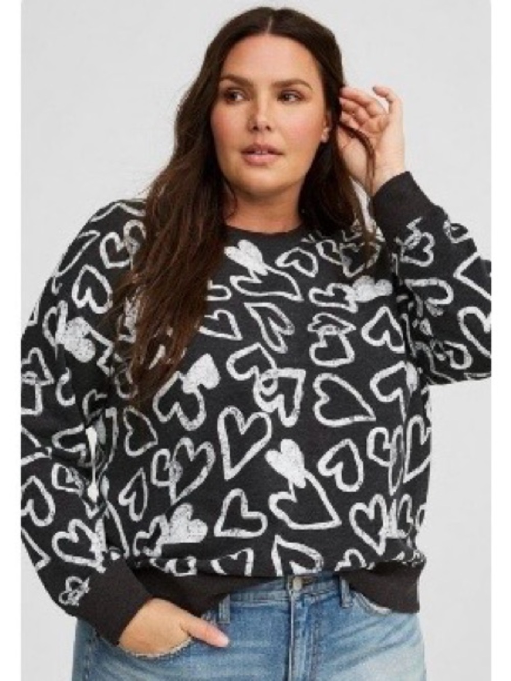 torrid Charcoal Crewneck Sweater with White Heart Pattern